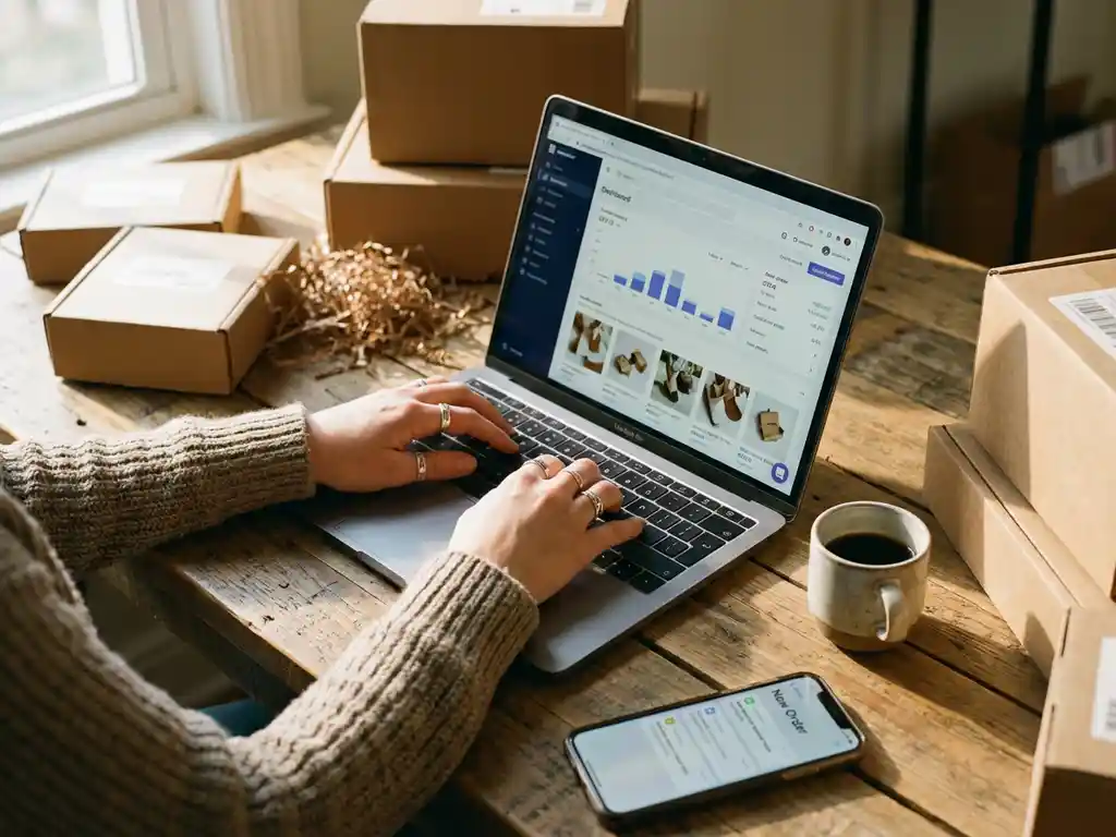 Persoon typt op laptop met e-commerce website, omringd door productmonsters en smartphone op houten bureau