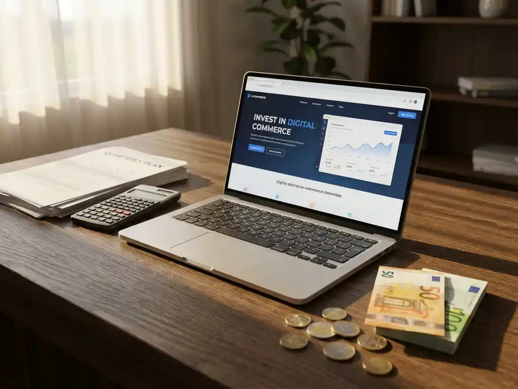 Laptop met e-commerce website op houten bureau naast eurobiljetten, munten en calculator in natuurlijk licht