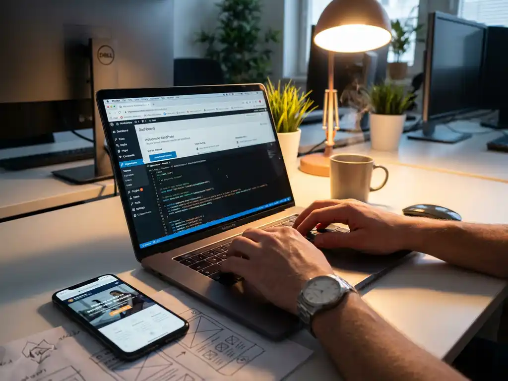 Webontwikkelaar typt op MacBook Pro met WordPress dashboard, smartphone met website en ontwerpschetsen op bureau