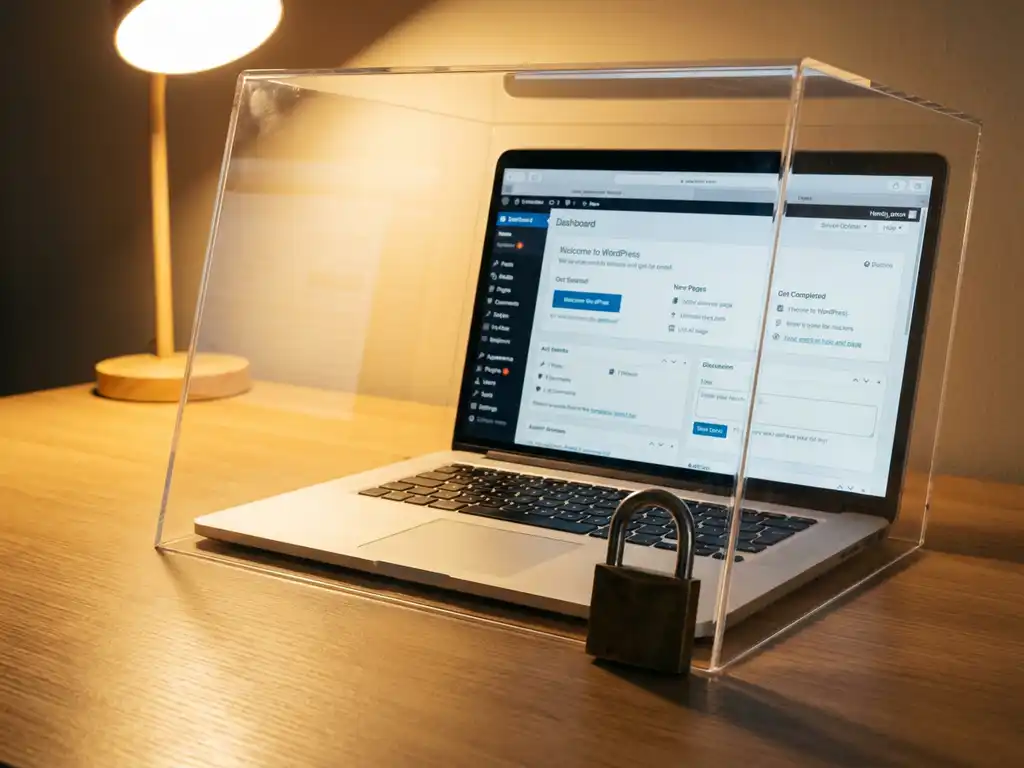 Zilveren laptop met WordPress dashboard achter transparant beveiligingsschild met hangslot op modern bureau