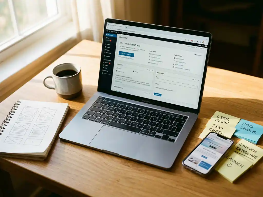 Laptop met WordPress dashboard op houten bureau omringd door notebook, smartphone, koffie en planning materialen