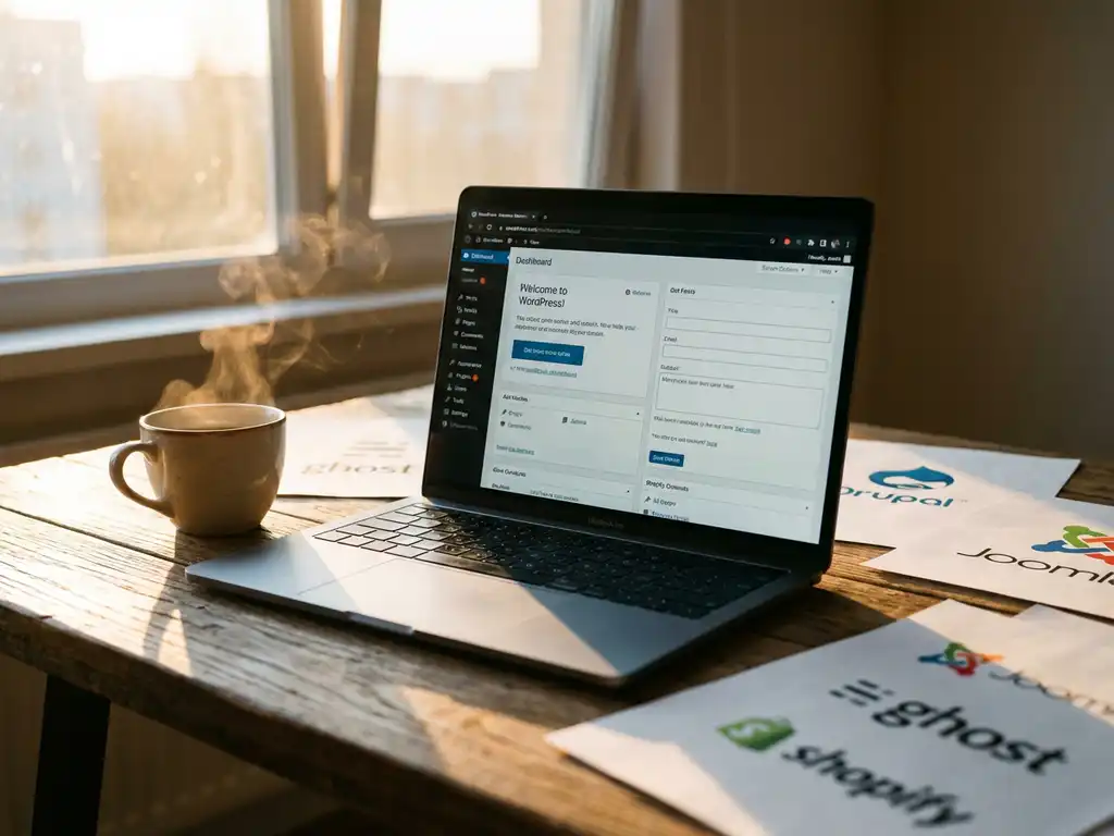 Laptop met WordPress dashboard op houten bureau met koffie en papieren in warm zonlicht