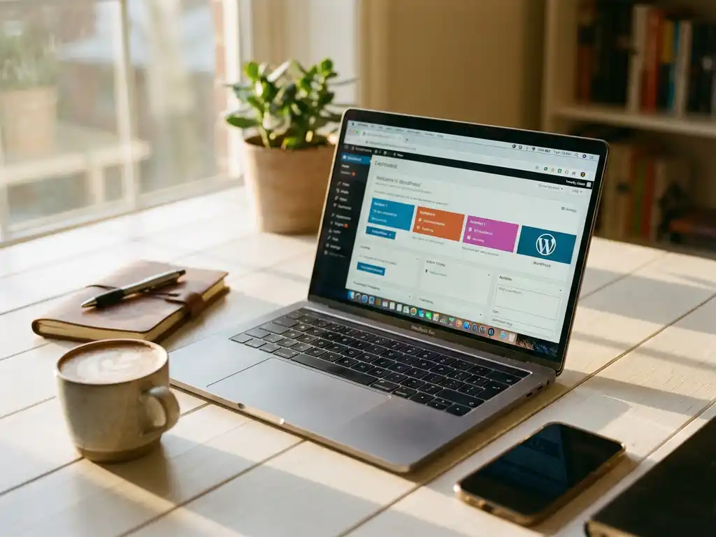 Moderne laptop met WordPress dashboard op wit bureau, omringd door koffiekop, notitieboek en smartphone in natuurlijk licht