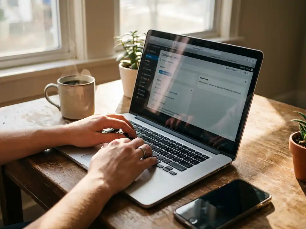 Persoon werkt aan WordPress website op laptop, koffiekopje en smartphone op houten bureau met natuurlijk licht