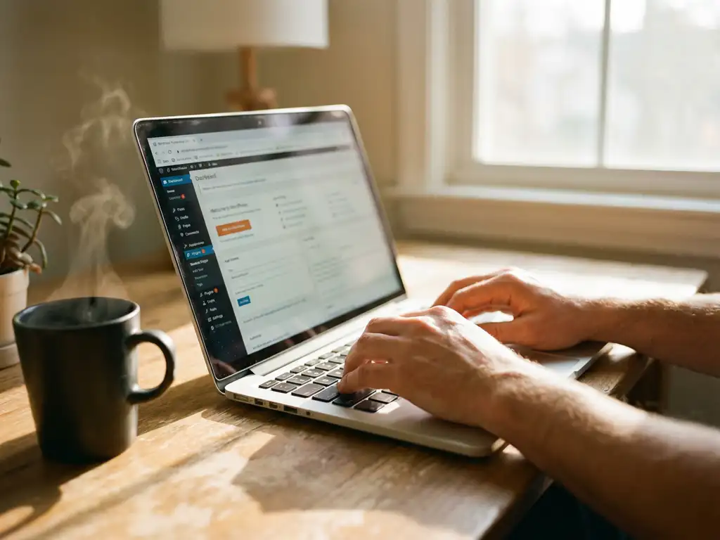 Handen typen op laptop met WordPress dashboard, koffiekopje naast computer op houten bureau in thuiskantoor