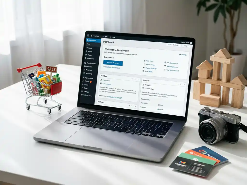 Moderne laptop met WordPress dashboard omringd door winkelwagentje, camera en visitekaartjes op wit bureau