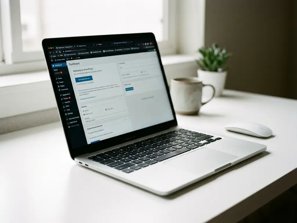 Laptop met WordPress dashboard open op wit bureau, muis ernaast, natuurlijk licht door raam