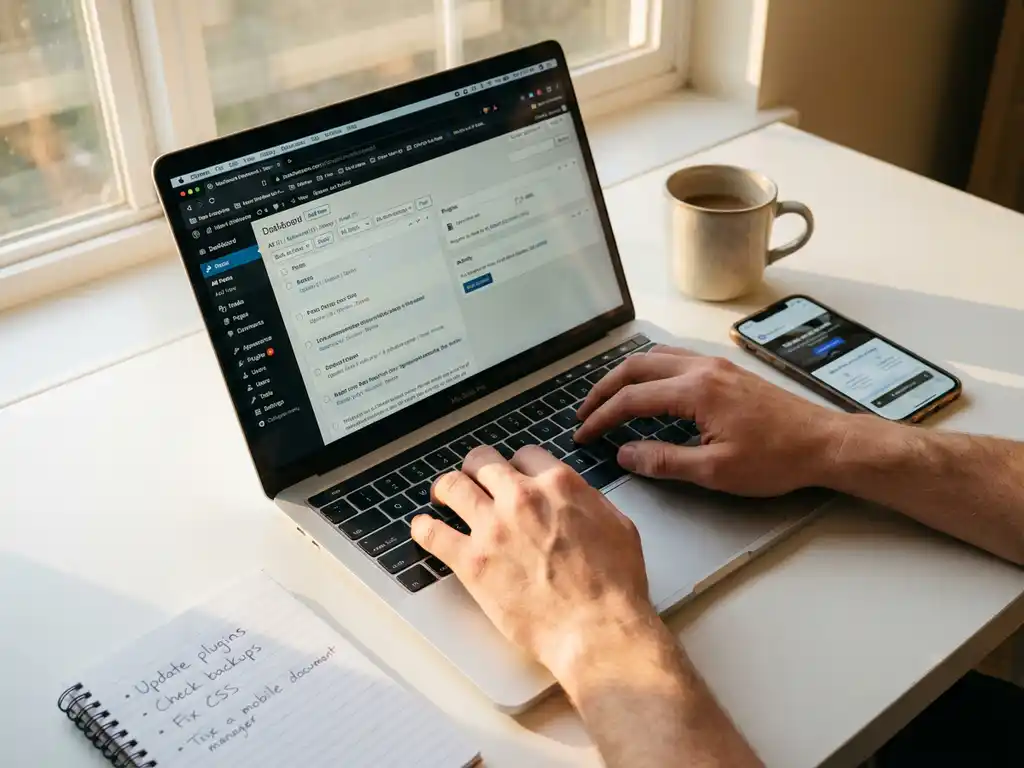 Webontwikkelaar typt op MacBook met WordPress dashboard, smartphone met website preview en koffie op bureau