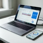 Laptop met kleurrijke analytics grafieken en smartphone met Google Analytics interface op wit bureau