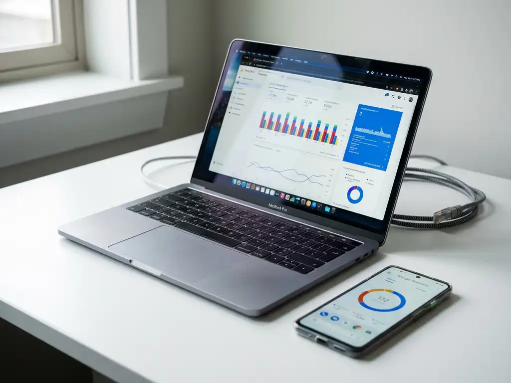 Laptop met kleurrijke analytics grafieken en smartphone met Google Analytics interface op wit bureau