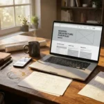 Architect's laptop toont website wireframe op bureau met schetsen, koffie en smartphone in warm zonlicht