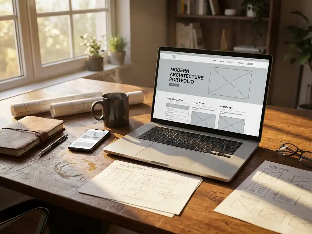 Architect's laptop toont website wireframe op bureau met schetsen, koffie en smartphone in warm zonlicht