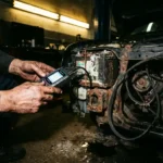 Monteur onderzoekt beschadigde auto-onderdelen met diagnostisch gereedschap in donkere garage met roestige motorcomponenten