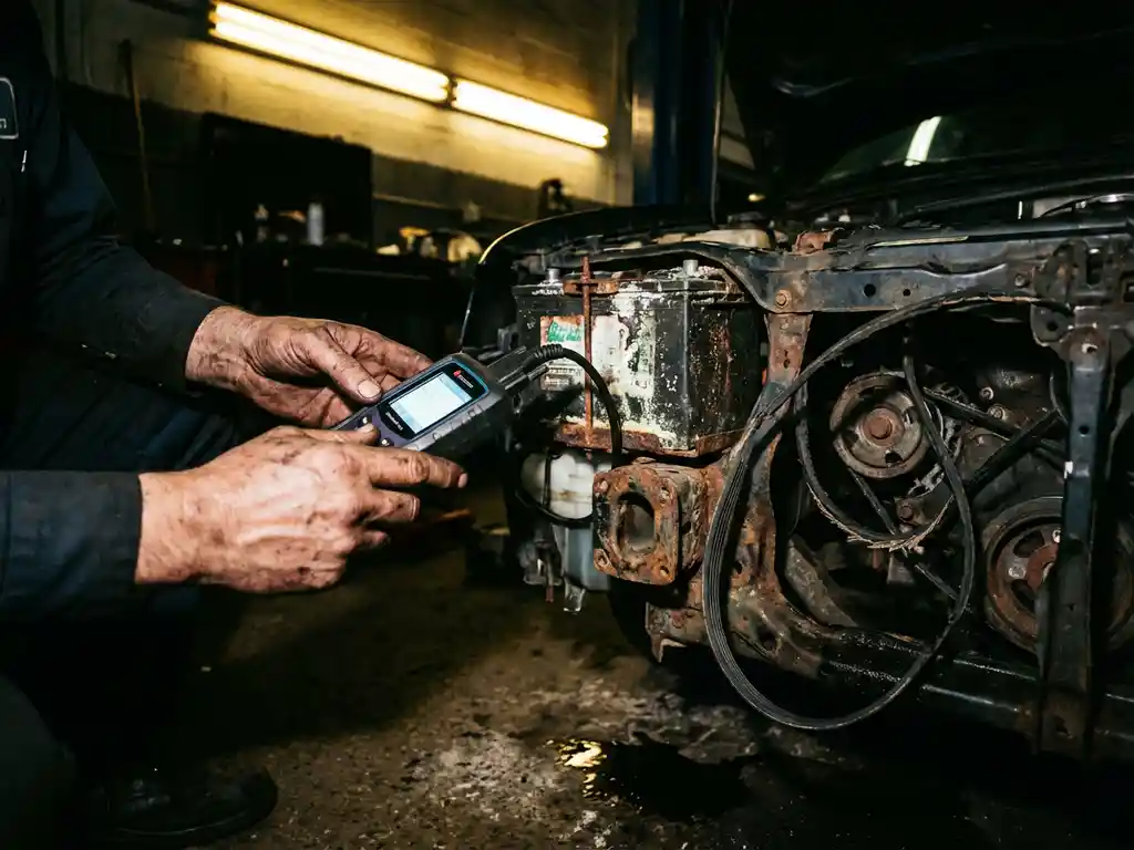 Monteur onderzoekt beschadigde auto-onderdelen met diagnostisch gereedschap in donkere garage met roestige motorcomponenten
