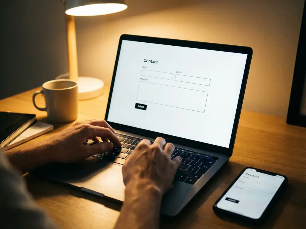Persoon typt op laptop met contactformulier op scherm, smartphone toont mobiele versie, moderne werkplek met warme verlichting