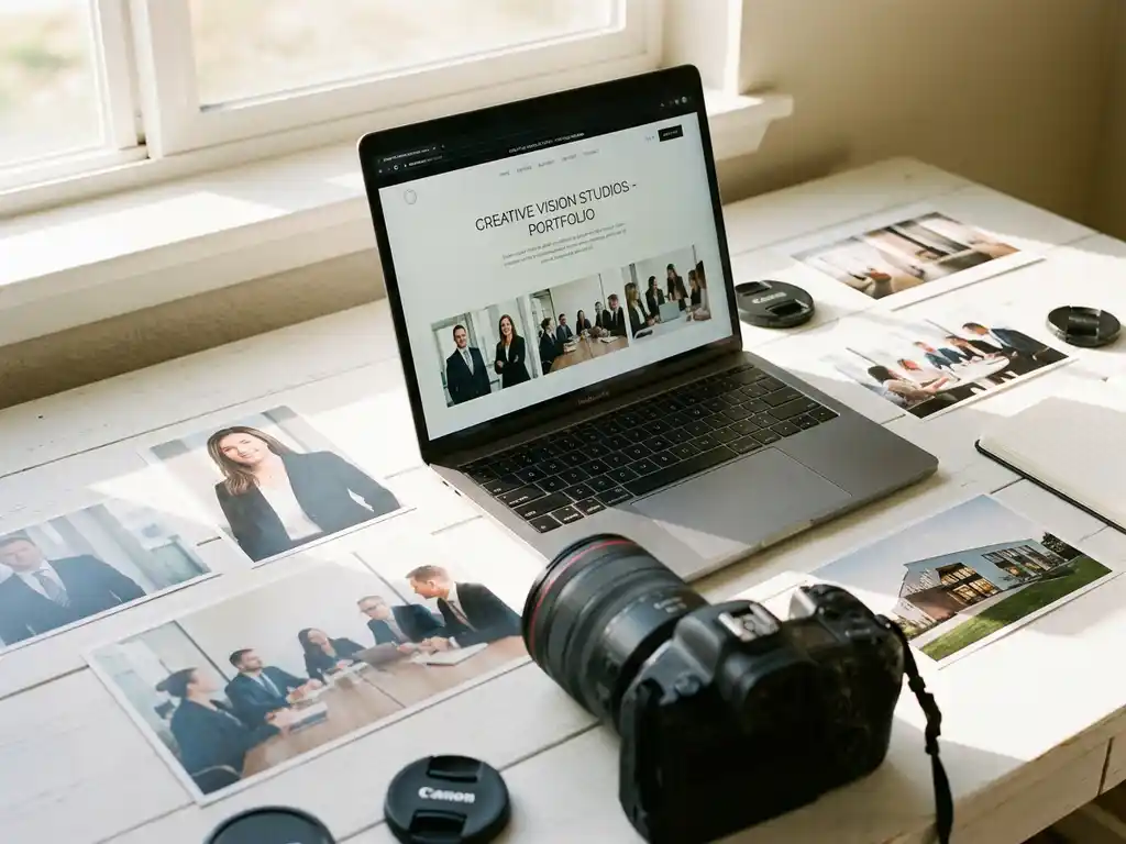 Professionele fotograaf werkplek met laptop die website mockup toont, DSLR camera en bedrijfsfoto's op wit bureau