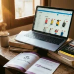 Laptop met e-commerce website op bureau met WordPress boeken, koffiekop en zonlicht door raam