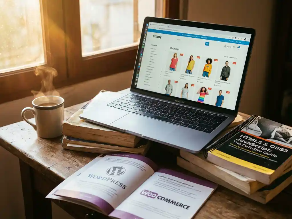 Laptop met e-commerce website op bureau met WordPress boeken, koffiekop en zonlicht door raam