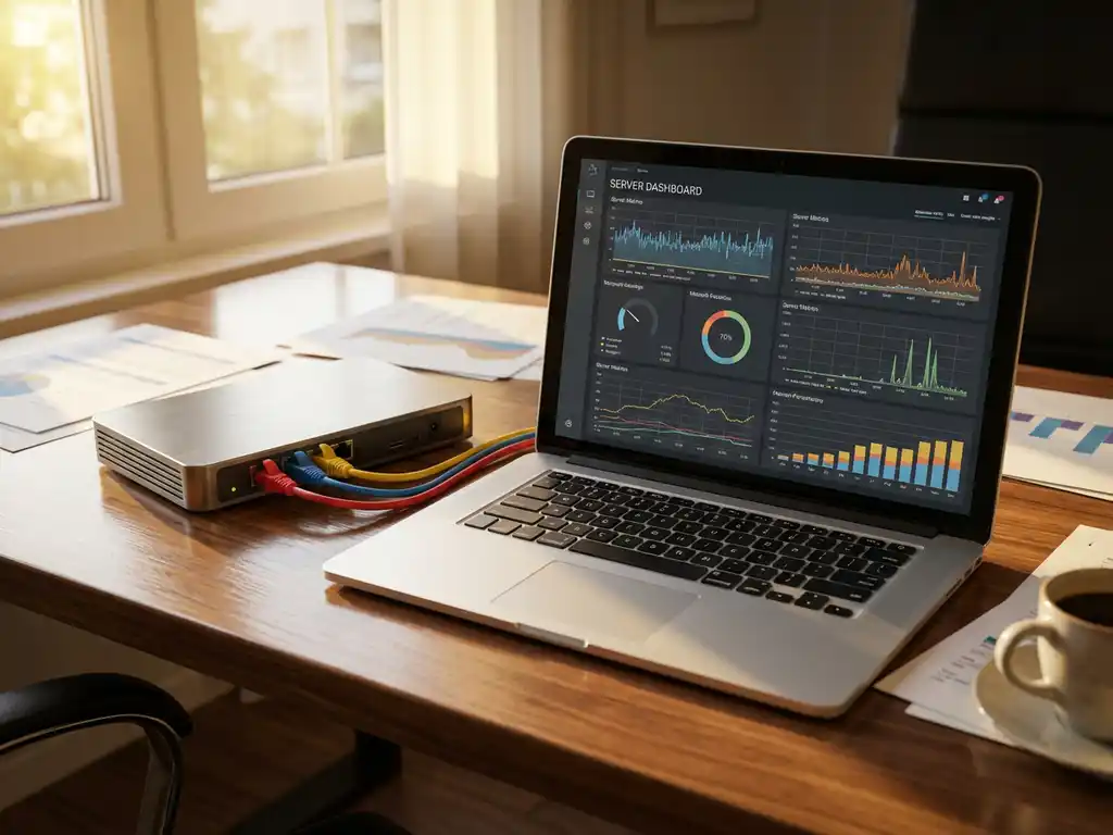 Laptop met server dashboard op houten bureau naast router met ethernet kabels, documenten en koffiekopje