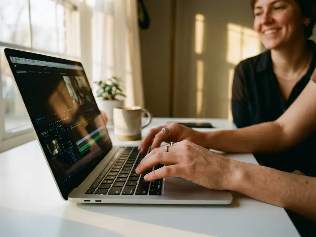 Persoon typt zelfverzekerd op laptop in moderne thuiswerkplek met natuurlijk licht en witte bureau