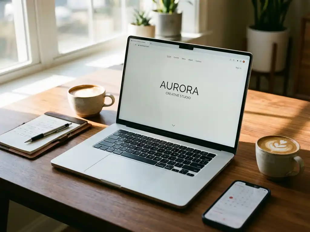 Laptop met professionele website op houten bureau met smartphone, notitieblok en koffie in natuurlijk licht