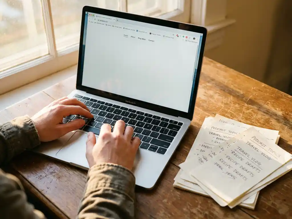 Handen boven laptop toetsenbord met website interface op scherm, notities met content ideeën op houten bureau