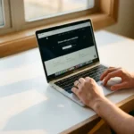 Person using laptop on minimalist white desk with hands on trackpad, natural window lighting creating warm workspace ambiance