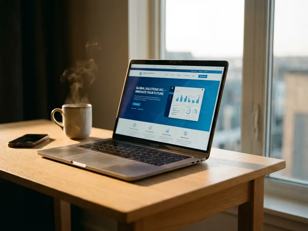 Moderne laptop toont zakelijke website op bureau met koffiekopje en smartphone, natuurlijk licht door raam