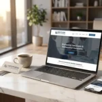 Moderne laptop en smartphone met responsieve bedrijfswebsite op marmeren bureau in professionele kantooromgeving