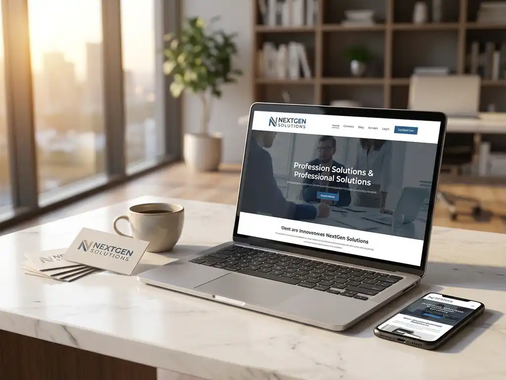Moderne laptop en smartphone met responsieve bedrijfswebsite op marmeren bureau in professionele kantooromgeving