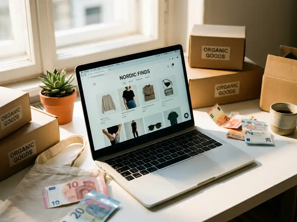 Laptop met online winkel interface omgeven door retailproducten, plantje en eurobiljetten op wit bureau