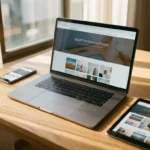 Laptop toont responsieve website op houten bureau naast smartphone en tablet in natuurlijk licht