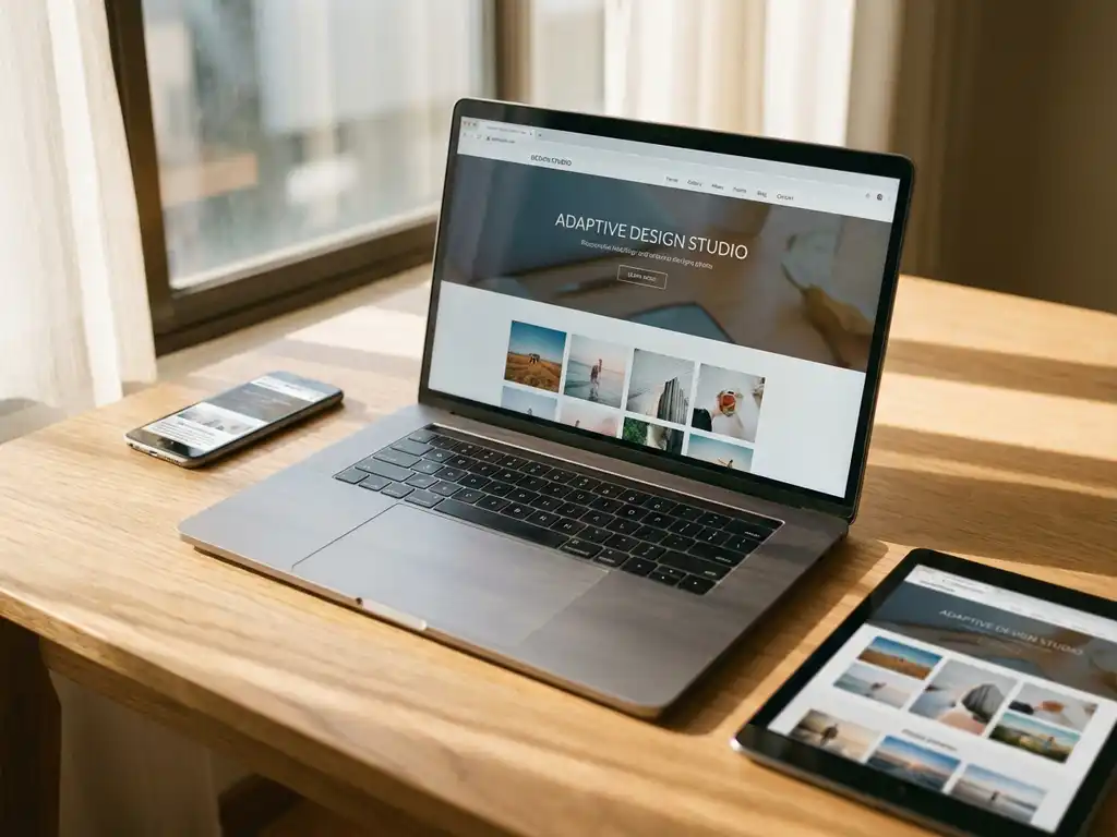 Laptop toont responsieve website op houten bureau naast smartphone en tablet in natuurlijk licht