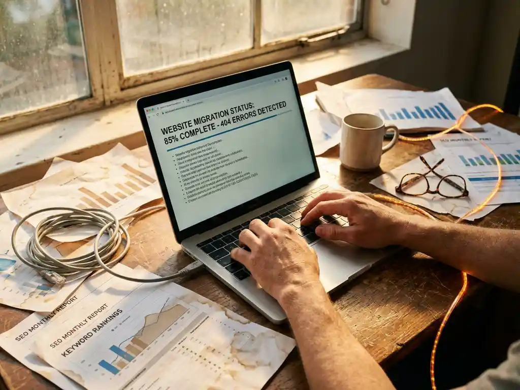 Laptop toont websitemigratie voortgang op bureau met SEO rapporten, koffie en kabels in natuurlijk licht