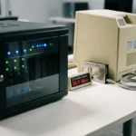 Moderne serverrack met LED-indicatoren naast vintage desktop computer, verbonden met ethernetkabels op witte bureau