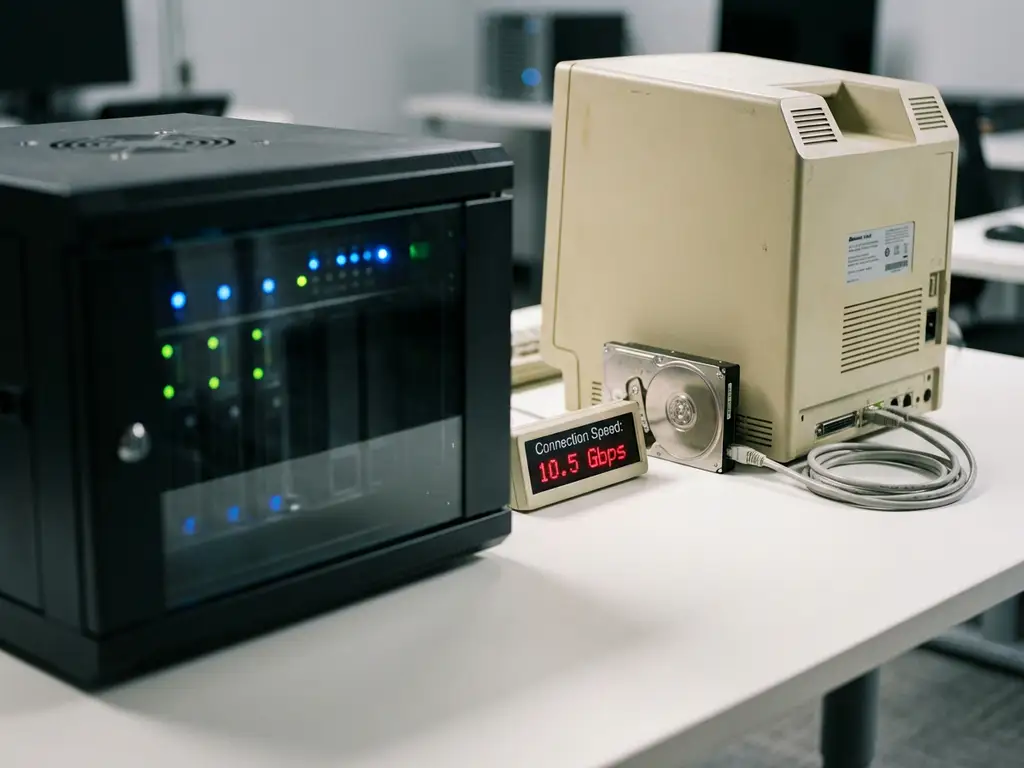 Moderne serverrack met LED-indicatoren naast vintage desktop computer, verbonden met ethernetkabels op witte bureau