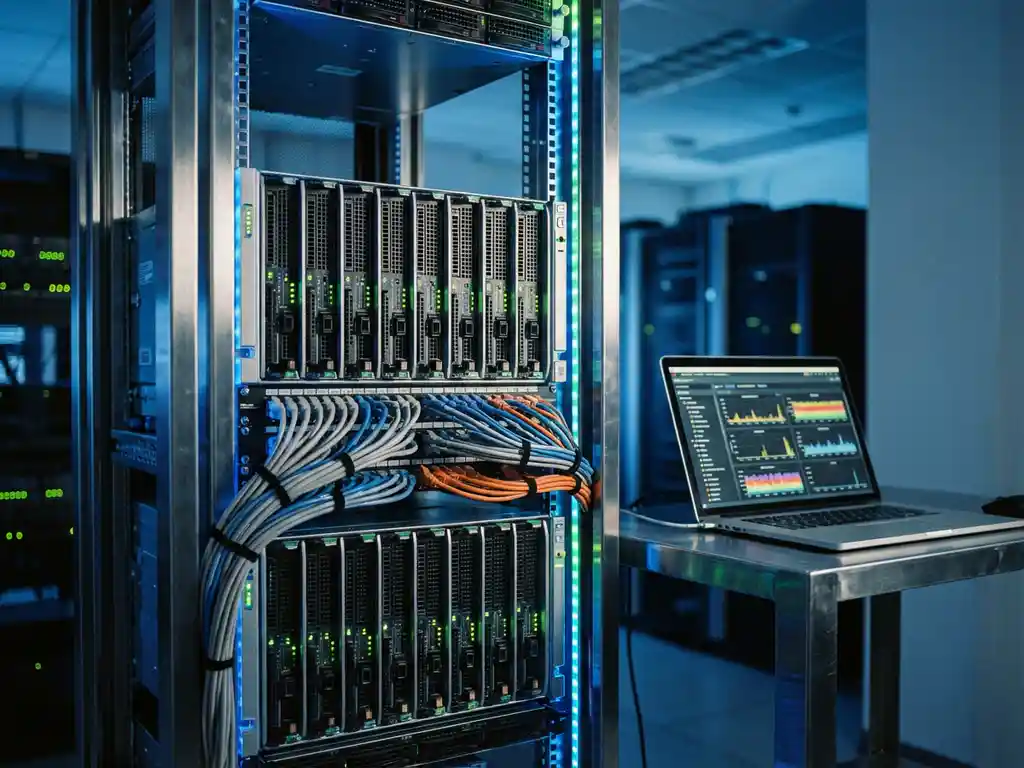 Moderne serverrack met LED-indicatoren in datacenter, laptop toont monitoringgrafieken, georganiseerde ethernetkabels