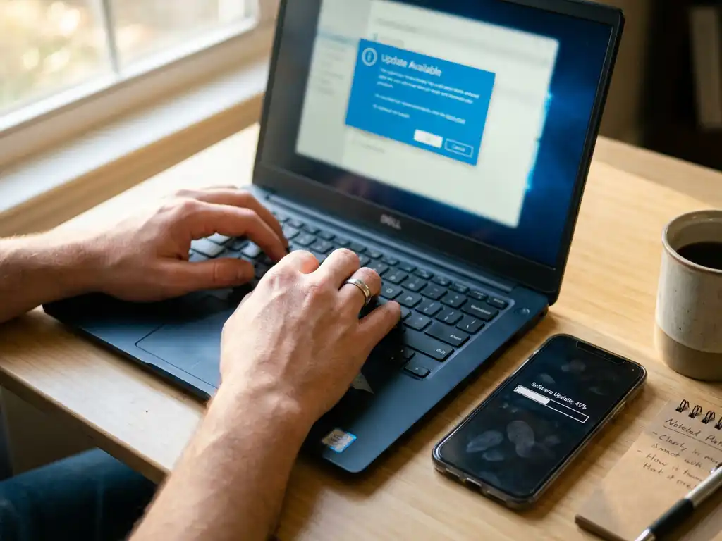 Handen boven laptop toetsenbord met blauwe "Update Beschikbaar" melding op scherm, smartphone met update voortgang ernaast