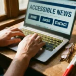 Handen typen op laptop met grote toetsen en braillemarkering, leesbril en witte stok op bureau, toegankelijke website