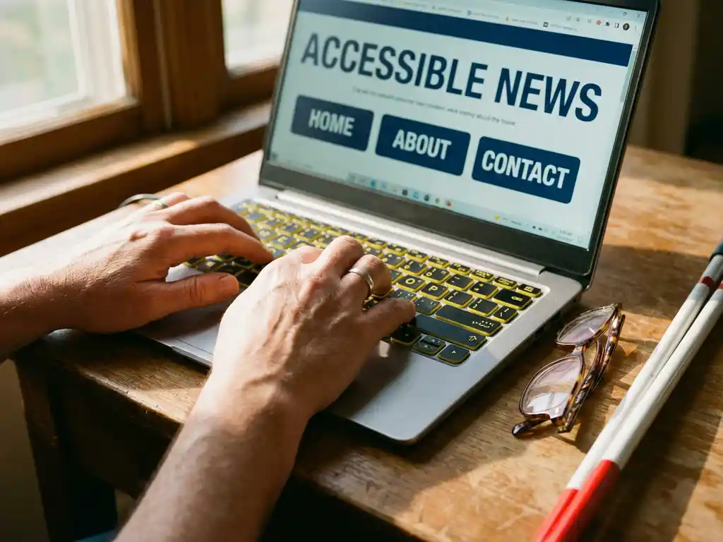 Handen typen op laptop met grote toetsen en braillemarkering, leesbril en witte stok op bureau, toegankelijke website