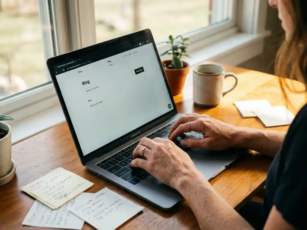 Professionele vrouw typt op laptop met website interface, blog sectie zichtbaar op scherm, koffie en notities op bureau