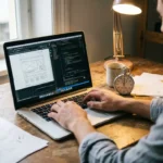Webontwikkelaar typt code op laptop met stopwatch op bureau, wireframes en koffie zichtbaar in werkruimte