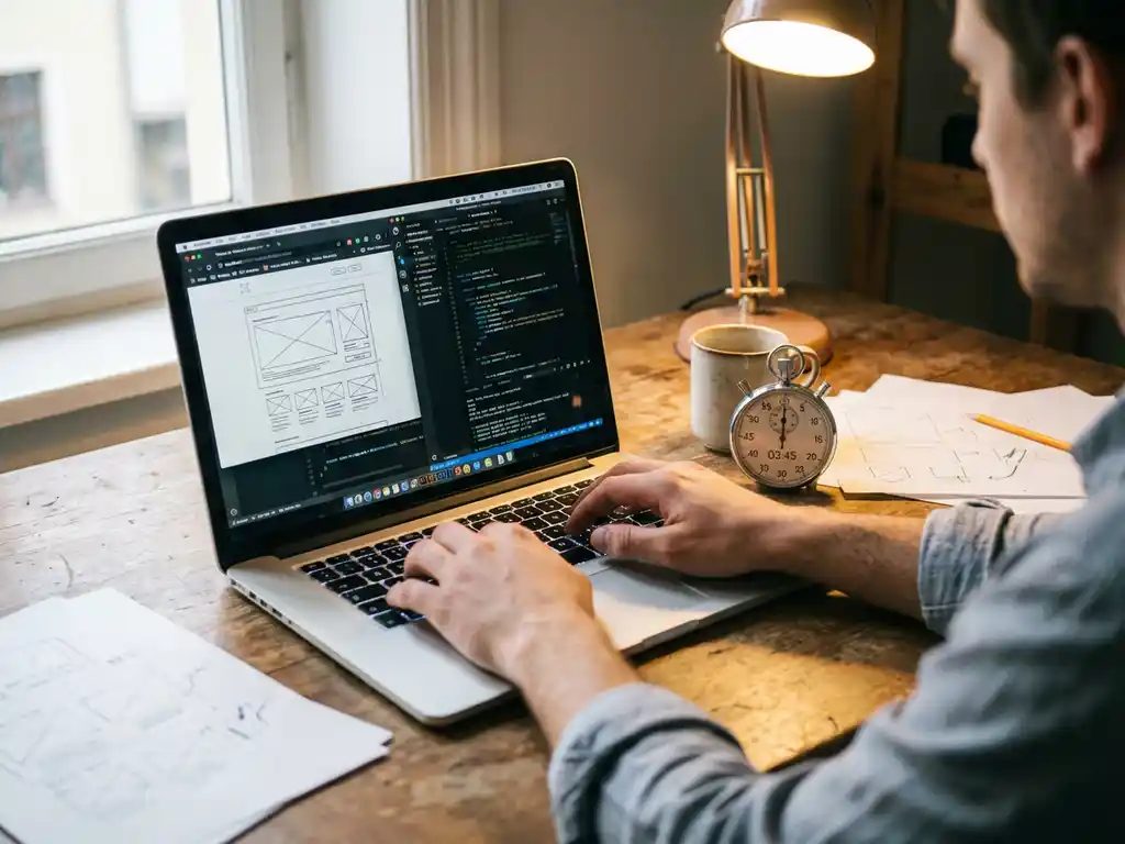 Webontwikkelaar typt code op laptop met stopwatch op bureau, wireframes en koffie zichtbaar in werkruimte