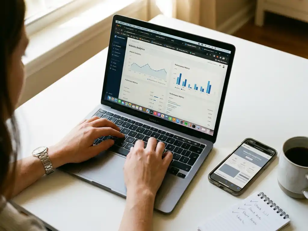 Vrouw werkt aan laptop met website analytics, smartphone en koffie op wit bureau bij raam