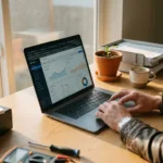Professionele handen passen website dashboard instellingen aan op laptop op modern bureau met onderhoudshulpmiddelen