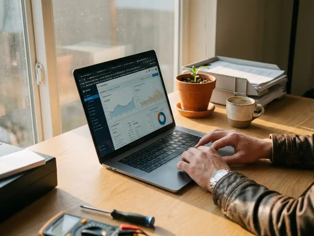 Professionele handen passen website dashboard instellingen aan op laptop op modern bureau met onderhoudshulpmiddelen