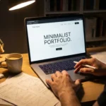 Moderne laptop toont minimalistische website-interface terwijl ontwerper aanpassingen maakt aan bureau met ontwerpschema's