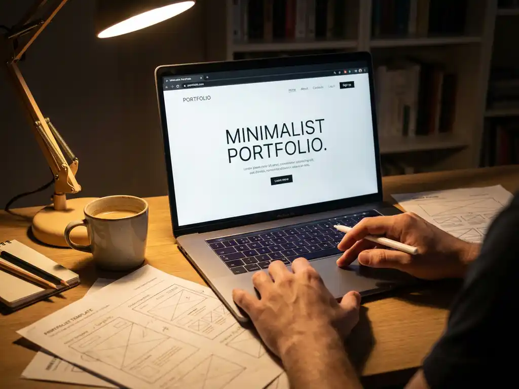 Moderne laptop toont minimalistische website-interface terwijl ontwerper aanpassingen maakt aan bureau met ontwerpschema's