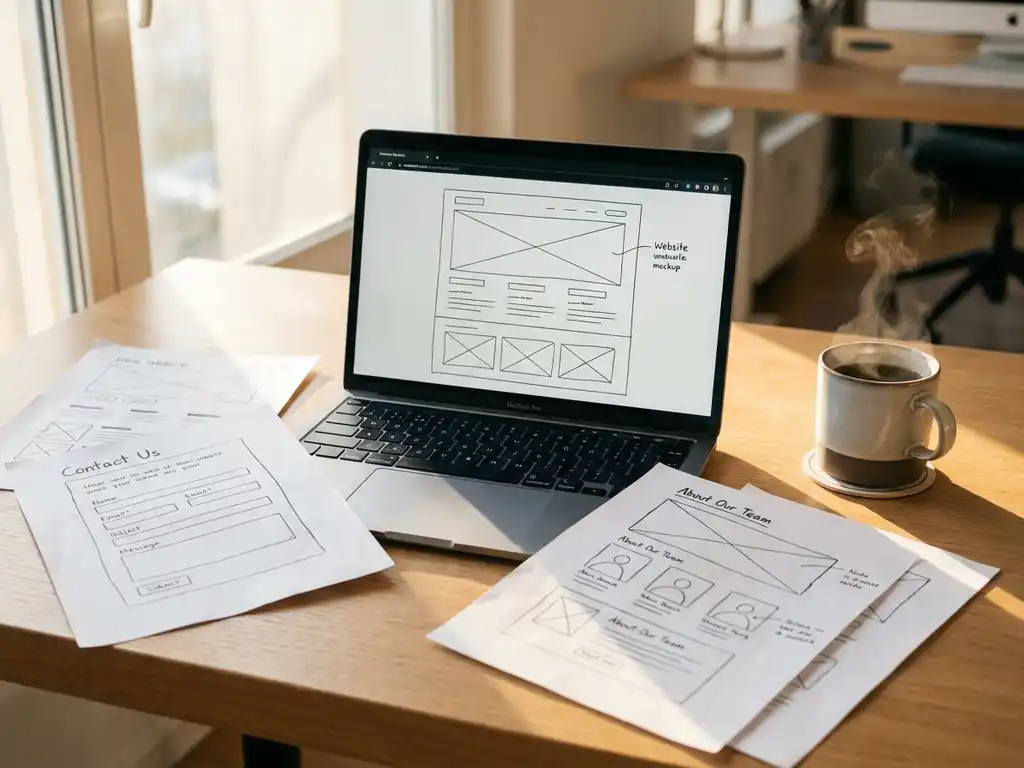 Laptop met website wireframe op moderne werkplek met gedrukte webpagina's en koffiekop bij raam