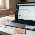Laptop met WooCommerce dashboard omgeven door eurobankbiljetten, munten en creditcard op wit bureau
